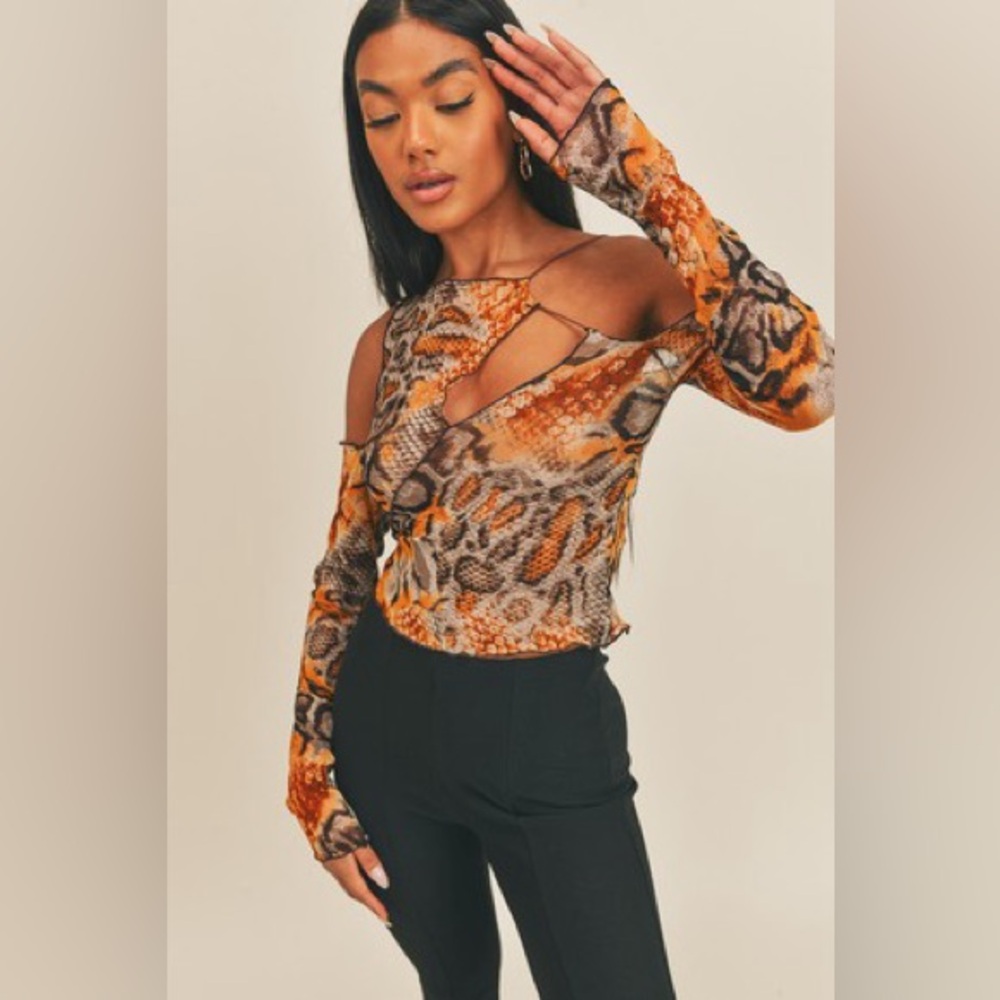 Snake Print Mesh Cutout Long Sleeve Top 🐍 Sheer Going Out - NEVER WORN